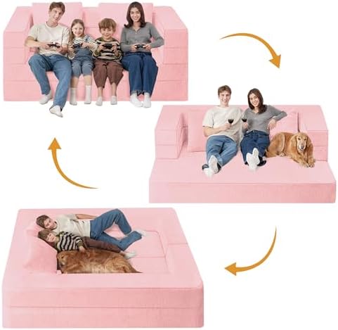 Futon Sofa Bed with Pillow, 3-in-1 Sleeper Sofa Bed with Removable Cover | Convertible Floor Sofa Bed with Memory Foam Filled, No Assembly Couch for Living Room, Bedroom（Pink King）