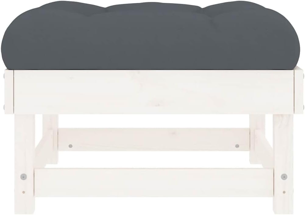 Outdoor Patio Footstool with Anthracite Cushion, White Solid Pine Wood Garden Ottoman, Modular Foot Rest for Deck Backyard Poolside
