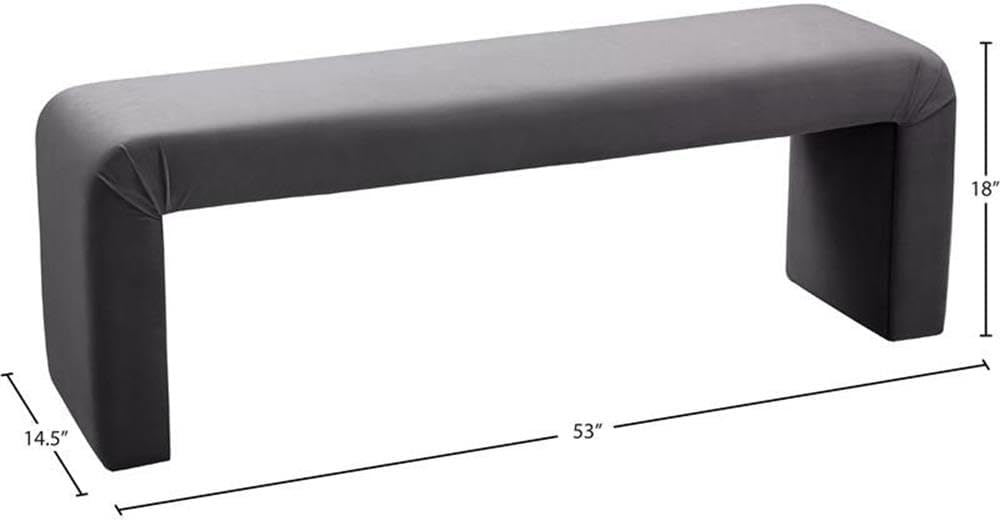 Meridian Furniture Minimalist Collection Modern | Contemporary Velvet Upholstered Bench, 53" W x 14.75" D x 18.25" H, Grey