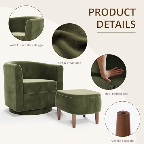 360° Swivel Accent Chair with Storage Ottoman | Small Modern Velvet Barrel Chair, Upholstered Armchair with Footrest for Living Room/Reading/Bedroom, Green