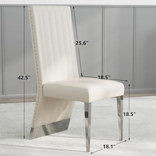 AUZ Modern White Leather Dining Chairs with Silver Mirrored Legs, Set of 2 | White Upholstered Leather Kitchen Room Chairs, High Back with Nailhead Trim, Polished Chrome Stainless Steel Legs