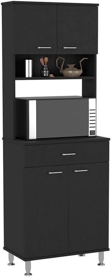 Pantry Cabinet 67" H, Four Doors, One Drawer, Three Internal Shelves, 2 External Storage Shelves, Microwave Storage Option, Four Legs, Black