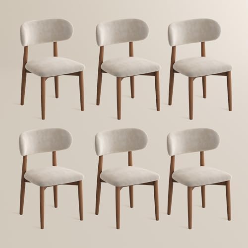 POVISON Modern Dining Room Chairs Set of 6, Armless Cotton Linen Dining Chair Set with Sackcloth Cushions and Dark Walnut-Coloured Ash Wood, Pre-Assembled Design (Beige)