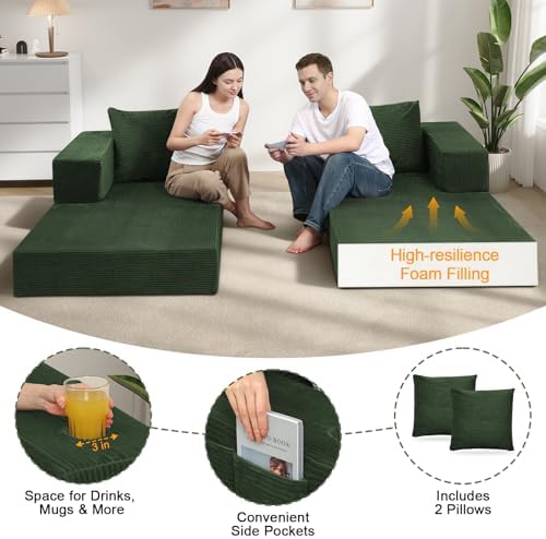 COMAX Queen Couch, 79" Futon Sofa Bed Couches for Living Room | Convertible Sleeper Sofa Corduroy Couch Bed Foam in a Box, Foldable Cloud Couch Floor, Green