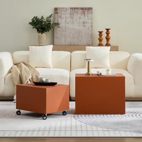 2-Piece Small Cube Side Table and Rolling Side Table Set | Modern Movable End Tables with Silent Casters Minimalist Cube Accent Side Table for Living Room, Bedroom