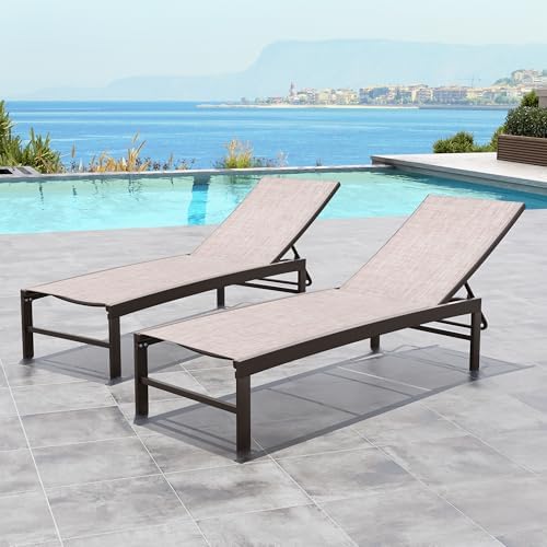 Crestlive Products Lounge Chair Outdoor Set of 2, Metal Pool Chaise Lounge Chairs, Adjustable Five-Position Tanning Recliner, All Weather for Patio, Beach, Yard, Pool (Beige)