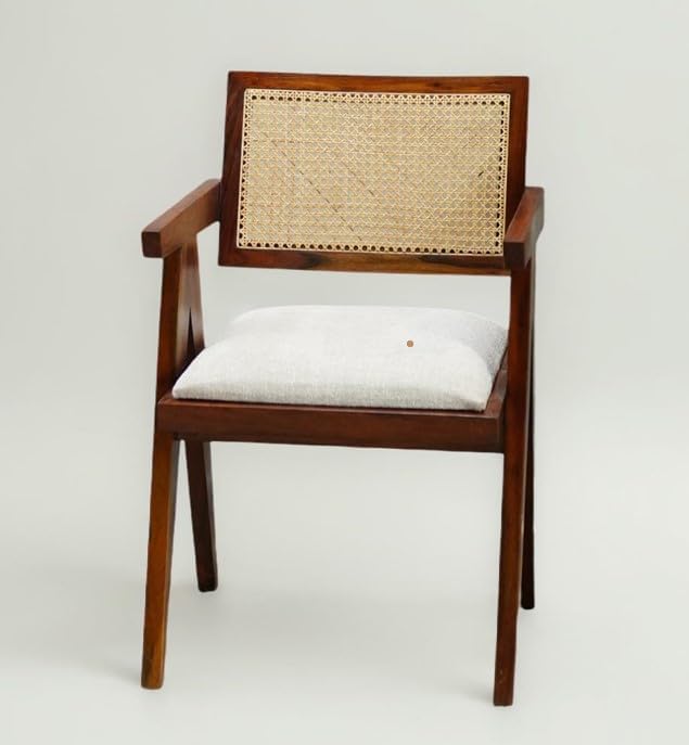 Solid Sheesham Wood Arm Chair with Cushion and Cane Back Support Chair Living Room Bedroom Home Wooden Armchair Furniture Garden Balcony Outdoor & Indoor (Honey Brown)