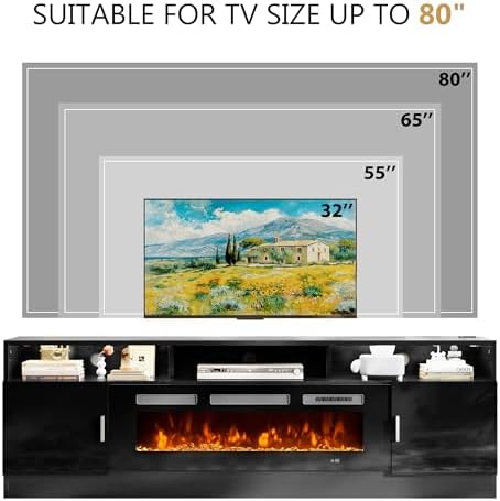 70" Fireplace TV Stand with Power Outlet, Entertainment Center with 36" Fireplace for TVs Up to 80", Modern TV Console for Living Room with High Gloss Storage Cabinet & LED Lights, Black-Black