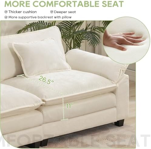 Oprisen 86" Modular Sectional Sofa, Comfy Deep Cloud Couch with Ottoman | L-Shaped Couches for Living Room, Modular Couch, Deep and Wide Seat, Chenille Sofa Sleeper with Throw Pillows, Beige White