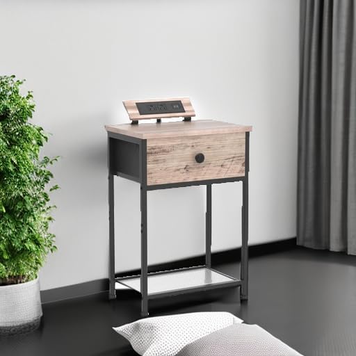 AMHANCIBLE Night Stand, End Tables Living Room Set of 2, Small Nightstand with Charging Station, Slim Bed Side Table with Fabric Storage Drawer for Bedroom, Small Space, Greige, HET03SDPGY