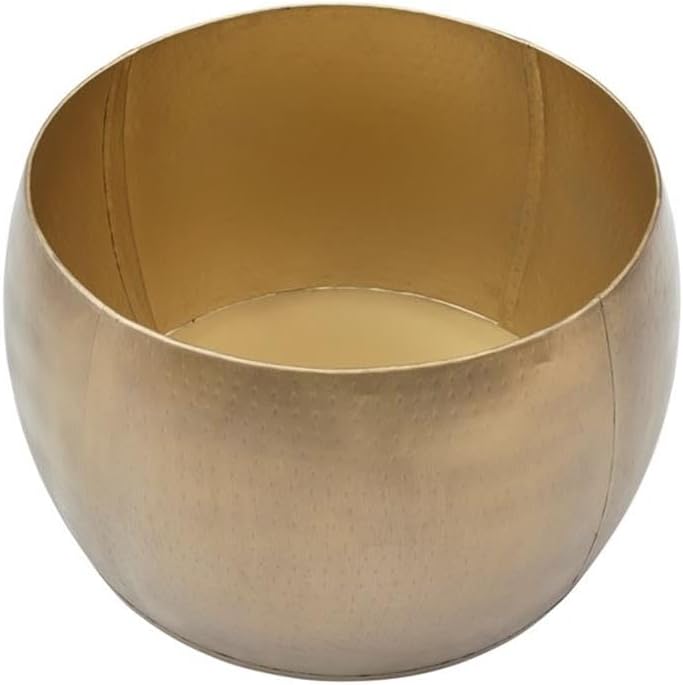 MAKLAINE Large Hammered Metal Drum Table with Storage, Brass Finish, Solid Mango Wood Top, 27.5 in Diameter, Handcrafted Accent Table for Living Room or Bedroom Use