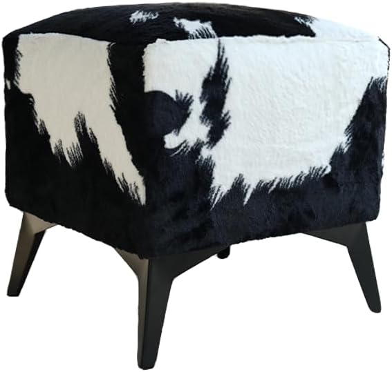 Faux Cowhide Ottoman, Upholstered Foot Stool,Animal Print Ottoman - 16 x 16 x 17 Inches, Cube Footrest with Solid Metal Legs for Living Room, Bedroom & Entryway(Black & White)