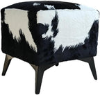 Faux Cowhide Ottoman, Upholstered Foot Stool,Animal Print Ottoman - 16 x 16 x 17 Inches, Cube Footrest with Solid Metal Legs for Living Room, Bedroom & Entryway(Black & White)