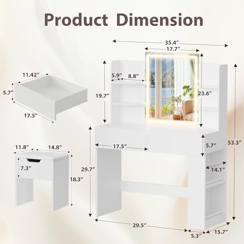 Furmax Vanity Desk with Mirror and LED Lights, White with Bench | Makeup Vanity Table with 3 Lighting Color, Adjustable Brightness, Vanity Table with 2 Drawers, Side Storage, for Bedroom