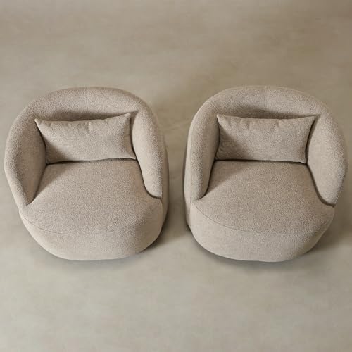 KINWELL 34" W Boucle Swivel Barrel Chairs with Pillow Set of 2, Taupe | No Assembly Round Sherpa Upholstered Armchairs Accent Chairs Single Sofa Chairs with Toss Pillow for Living Room and Bedroom