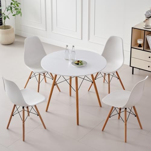 5-Piece Round Dining Set, 35.5" Kitchen Table Chairs Set of 4 | Space Saving Furniture, Plastic Seats, Solid Wood Legs, for Living Room Apartment Office Home, White