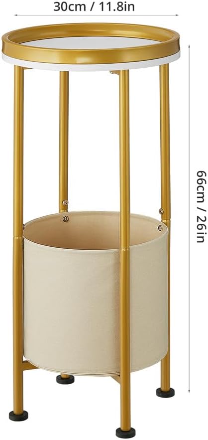 Small Round Side Table with Storage Basket, 2-Tier Round End Table for Living Room & Bedroom, 26" Tall Nightstand Modern Sofa End Table for Small Spaces (White Gold)