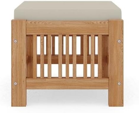 Pemberly Row Modern Teak Outdoor Ottoman, 18 x 18 x 12 in, Canvas Cushions, Beige, Premium Teak Slats, Hand-Sanded Finish, Weather-Resistant Patio Furniture for Small Outdoor Spaces