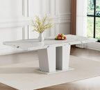 63"-78.74" White Faux Marble Extendable Dining Room Table Set for 6, 7-Piece Dining Table Set with 6 Chairs, Rectangle Wooden Expanding Kitchen Table and Grey Upholstered Chairs Set