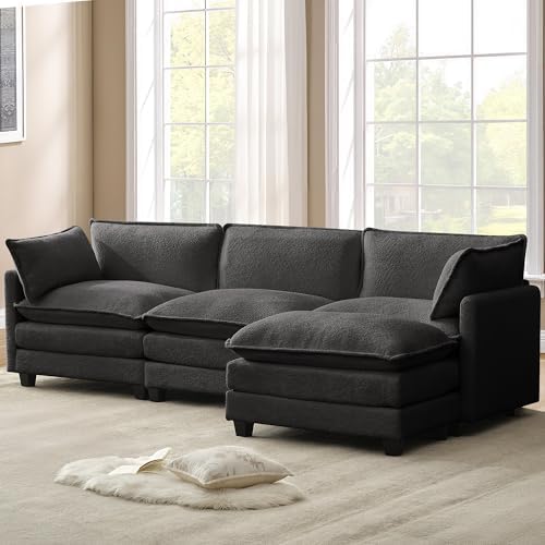 ROWHY 112'' Modular Sectional Cloud Couch with Movable Ottoman, 4 Seat Modern Chenille Sofa, Deep Seat L Shaped Couch for Living Room Bedroom Apartment, Grey | Sturdy Frame