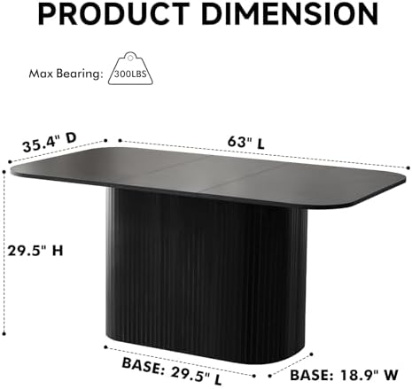 63" Large Oval Corners Dining Table for 4 6, Black | Rounded Corners Metal Frame Grooved Pedestal Base Modern Rectangle Kitchen Dinner Dining Table Wood-Patterned Surface