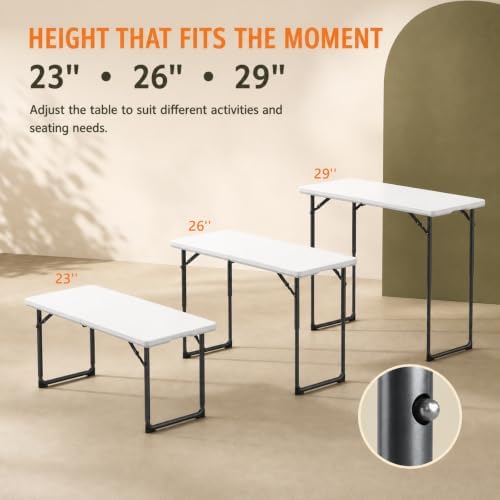 4FT Folding Table 3 Levels Adjustable Height, Heavy Duty Fold-in-Half Portable Table, 400 lbs Capacity Foldable Table for Party Dining Camping Events Picnic Outdoor Indoor Use