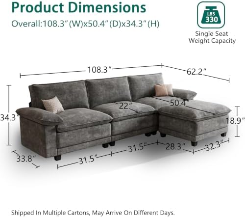 108" Modular Sectional Couch, L Shaped Cloud Sofa for Living Room | Comfortable Foam Cushions, Sturdy Frame, Appealing Appearance, Easy Assembly, Soft Chenille, Modular Design, Dark Gray