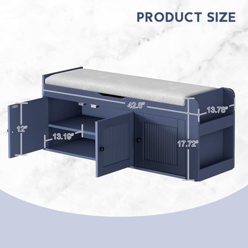 42.6" Storage Bench - Shoe Storage Bench with Side Storage Shelves and 3 Doors, Multifunctional Entryway Bench with Lift Top Cushion, Shoe Bench for Bedroom, Living Room, Entryway, Navy Blue