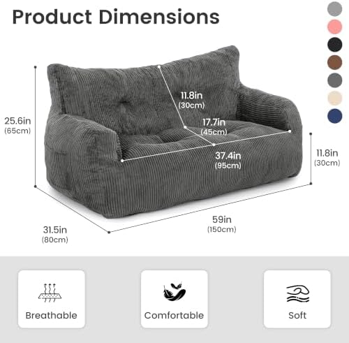 59" Corduroy Bean Bag Chair,2 Seat Loveseat Sofa,Corduroy Lazy Sofa Bed for Adults,Fit Living Room, Bedroom,Outdoor Spaces,Ultra Soft Dutch Velvet,Fluffy Comfort Cover,72h Rebound,Dark Grey