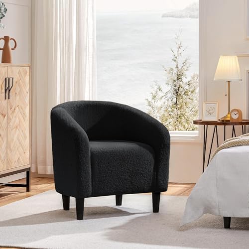 Yaheetech Small 25.5in Wide Sherpa Barrel Accent Chair for Bedroom, Black | Compact Cozy Barrel Chairs with a Curved Silhouette, Upholstered Furry Armchair for Small Spaces, Living Room Bedroom Corner