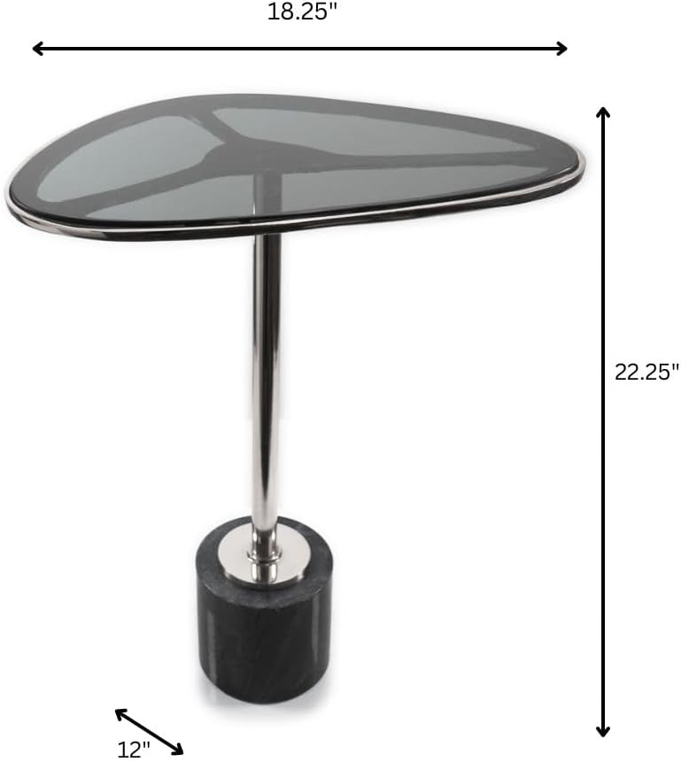 Modern Day Accents 3741 Moderna End Table, Marble and Glass Side Table with Polished Aluminum Frame, Egg-Shaped Smoked Glass Top, Entry Table, Black Marble, Contemporary End Tables, 22.25" H