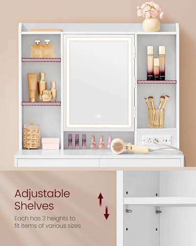 VASAGLE 35.4-Inch Vanity Desk with Mirror and Lights, 2 Drawers | Modern Vanity Table Set with Stool, Power Outlets, Jewelry Storage, 6 Compartments, Cloud White, KAILYN Collection URDT031W01