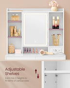 VASAGLE 35.4-Inch Vanity Desk with Mirror and Lights, 2 Drawers | Modern Vanity Table Set with Stool, Power Outlets, Jewelry Storage, 6 Compartments, Cloud White, KAILYN Collection URDT031W01