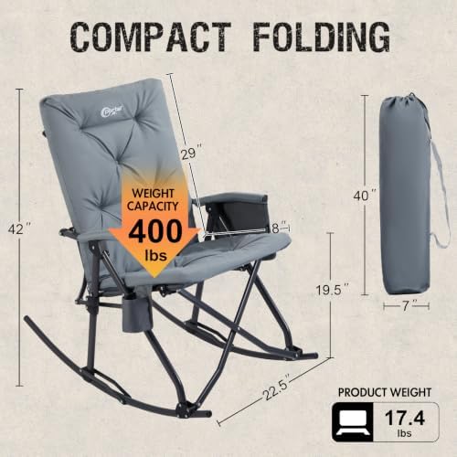 Portal Oversized Padded Folding Rocking Camping Chair Outdoor 400 LBS | Padded Folding Rocking Camping Chair Recliner Portable Heavy Duty Hard Armchair Rocker for Patio, Lawn and Outdoor