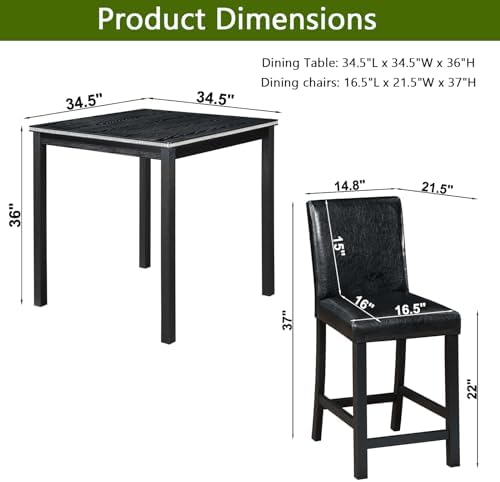 LUMISOL Dining Table Set for 4, Solid Wood Counter Height Kitchen Table Set with 4 Upholstered Chairs, Farmhouse Table and Chairs for Kitchen, Dining Room, Home Bar, Black