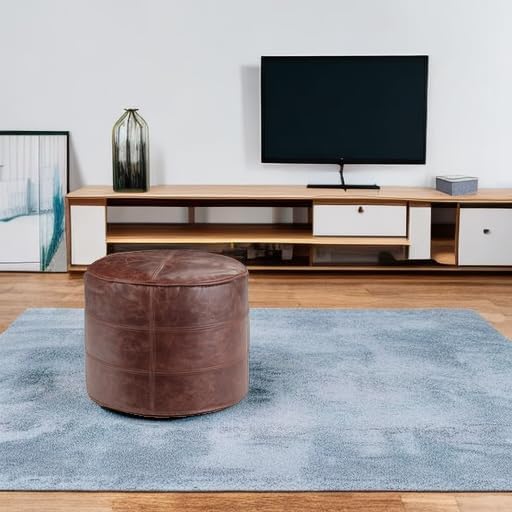 SIMPLIHOME Connor 18" Wide Round Pouf in Distressed Brown Genuine Leather | Boho footstool, extra seating for living room or bedroom with polystyrene filling, assembled; pouf ottoman or floor cushion.