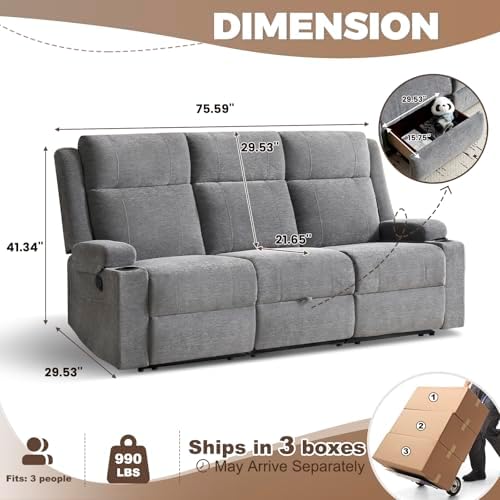 Chenille Reclining Sofa 3-Seater with Convertible Table, Storage Ottoman & Cup Holders | Modern Space-Saving Couch, Ergonomic Living Room Furniture (Gray)