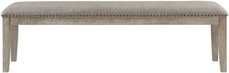 Pemberly Row Contemporary Wood and Fabric Dining Bench, 63.5" Wide, Wire-Brushed Brownish Gray Finish, Light Gray Linen Upholstery, Nailhead Trim, Rustic Style Kitchen or Dining Room Seating