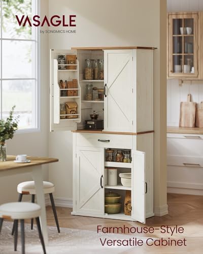 VASAGLE Pantry Cabinet, Freestanding Tall Cupboard with a Drawer | 15.8 x 31.5 x 70.3 Inches, 2 Cabinets, 4 Adjustable Shelves, Rustic White and Honey Brown, LIRY Collection UBBK364W01