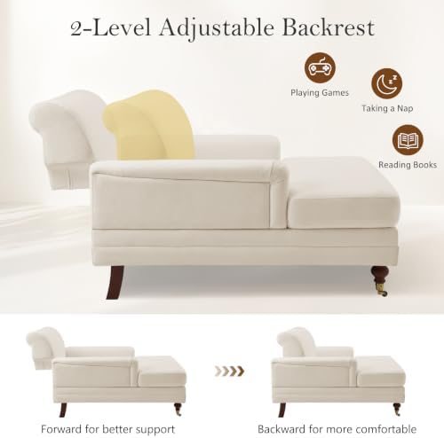 VANOMi 59.45'' Chaise Lounge Chair with Adjustable Backrest, Chenille Beige | Chaise Lounge Chair Indoor, Modern Chaise Lounge Couch, Upholstered Leisure Recliner for Living Room, Apartment, Bedroom