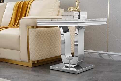 Faux Marble End Table, Modern Rectangular Conner Table with Faux Marble Top U Shape Stainless Steel Base for Bedroom Home Office