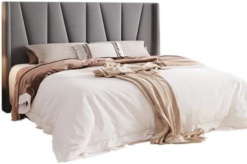Allewie King Size Platform Velvet Bed Frame with Geometric Wingback Headboard, Boho Upholstered Bed with Wooden Slats Support, No Box Spring Needed, Easy Assembly, Light Grey