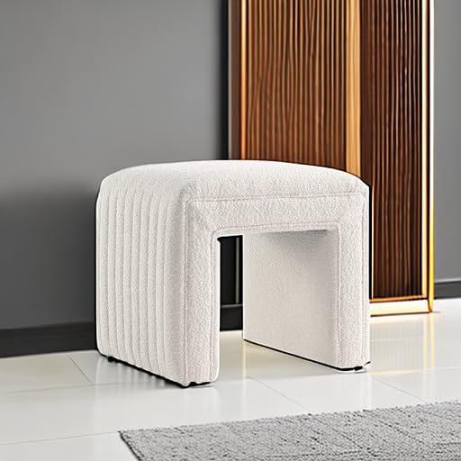 Get Set Style Vanity Stool Chair, Fully Assembled Modern Boucle Ottoman Footstool with Wooden Legs, Multifunctional Upholstered Sofa Bench Extra Seat for Makeup Room Living Room Entryway Office, White
