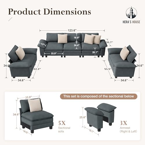 HERA'S HOUSE 3 Pieces Modular Cloud Couch and Chair Set Setional Sofa | Modern 5-Seater Sofa Set , Cyan, Wider Armrest, Comfy Deep Seat, Soft Chenille Furniture Set for Living Room