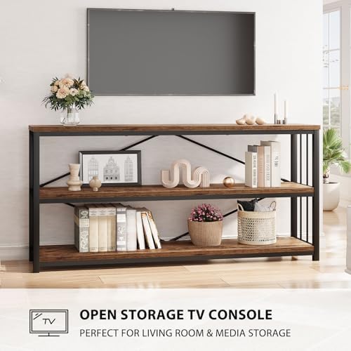 LVB Farmhouse Industrial Console Table for Home, Rustic Brown, 70 Inch | Wood Metal Foyer Entryway Sofa Tables with Storage, 3 Tier Long Rustic Entry Table TV Stand with Shelves for Living Room