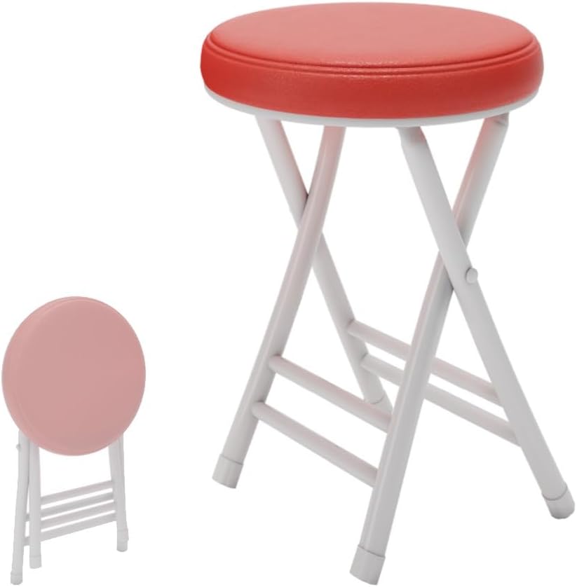 20" Home Folding Stool Collapsible Padded Bar Stool Round Kitchen Stools No Back Portable Breakfast Chairs PU Leather for Kitchen Breakfast Cafe(Red)
