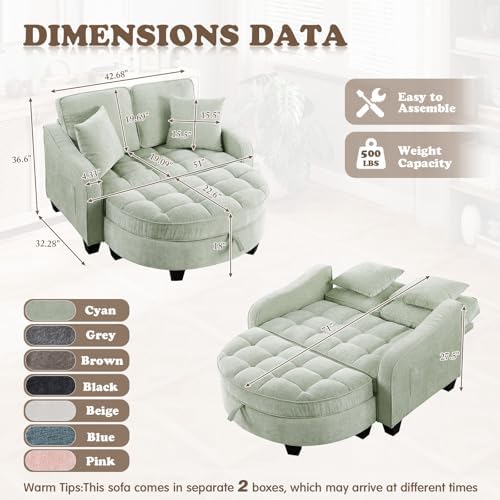 Oversized Chaise Lounge Chair Indoor with Adjustable Backrest, Chenille Tufted Comfy Loveseat Sofa Chair with Ottoman, Fluffy Recliner Sofa, Convertible Sleeper Couch Bed for Living Room(51"W, Cyan)