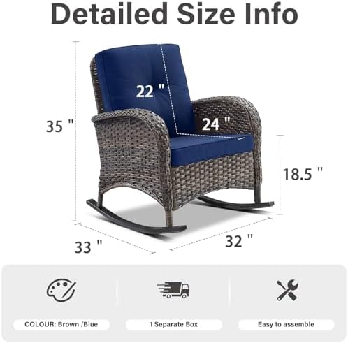 Belord Patio Rocking Chair Wicker Chair, 1 Piece Outdoor Rocking Chair Seating with Cushions for Porch Deck Balcony, Brown/Blue