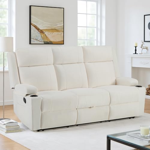 GUEAPY Large Manual Reclining Sofa 3-Seater Chenille Reclining Couch with Cup Holders, Wide Seat, Easy Assembly & Spill-Resistant Fabric Cozy Reclining Sofa for Living Room, Apartment, RV, Beige