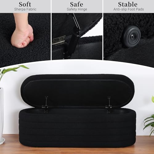 Teddy Sherpa Oval Black Ottoman with Storage, 45.5-inch Bench | Teddy Upholstered Window Bench Hidden Storage, Safety Hinge and Seating, for Living Room, Bedroom, Small Apartment